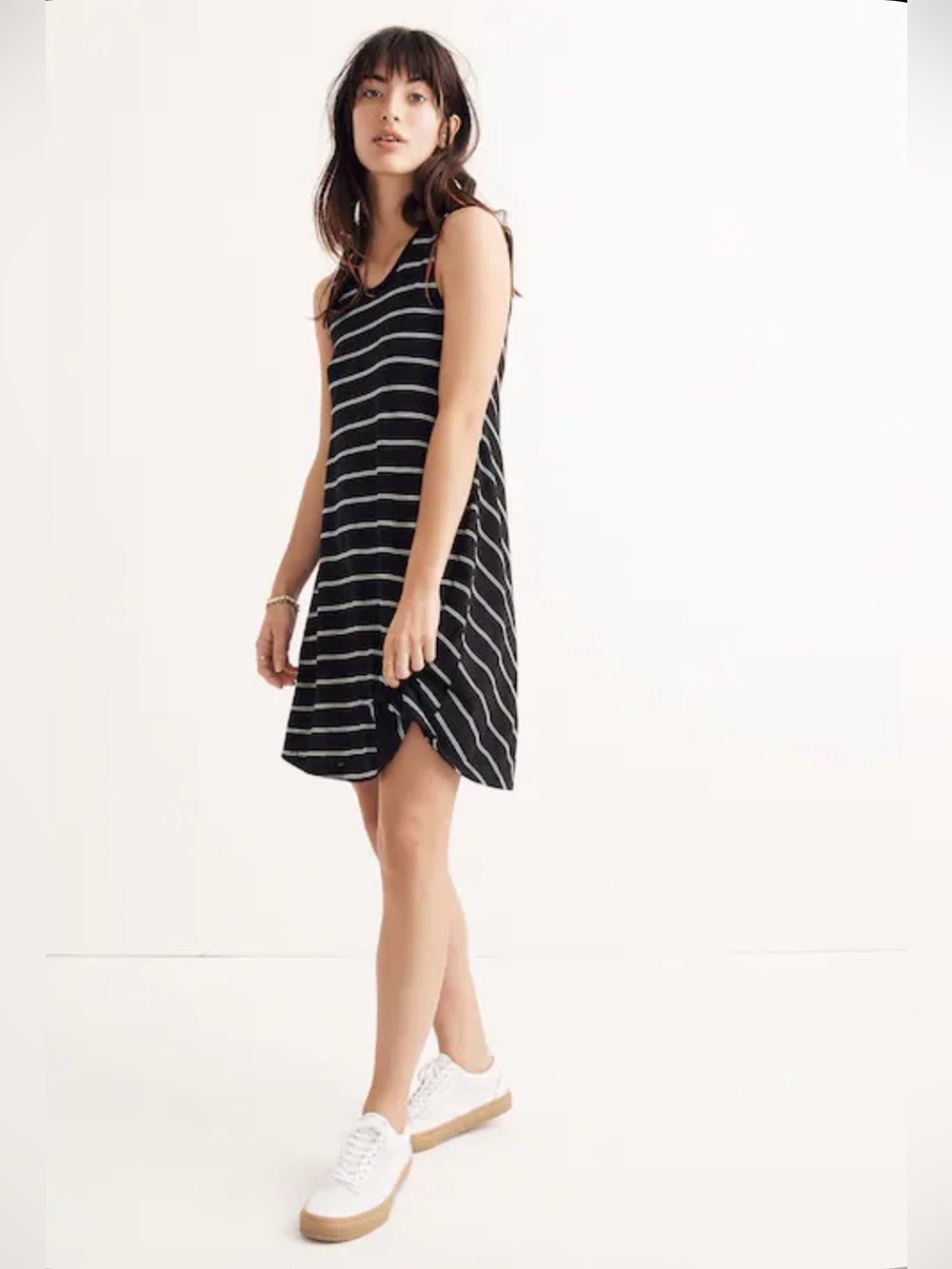 Madewell tank dress XS stretchy swing sleeveless jersey knit black stripe loose